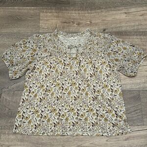 LUCKY BRAND Women Blouse XL Boho Floral Smocked Neck Short Sleeve Peasant Top